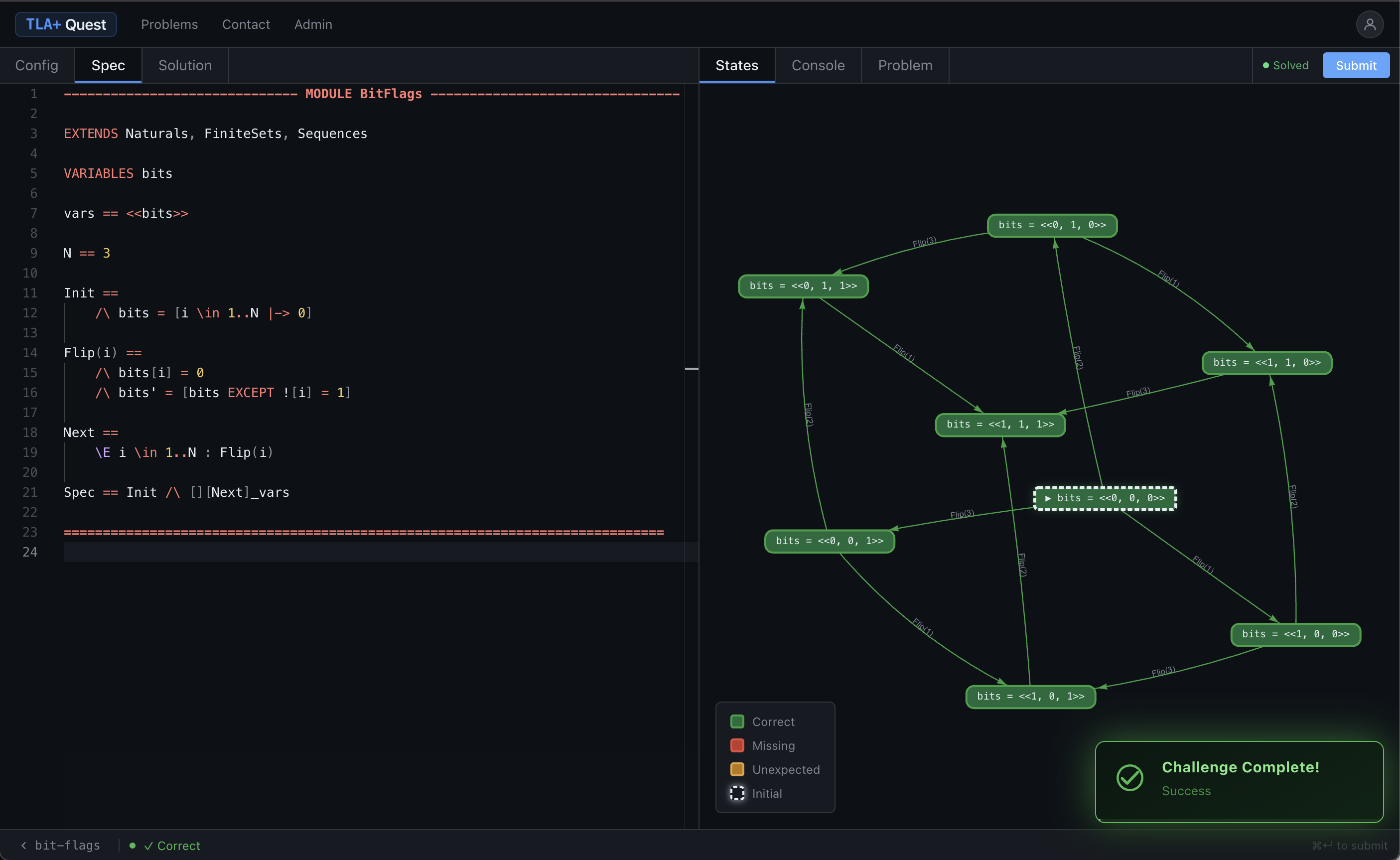 TLA+ Quest state-space visualizer showing a solved bit-flags problem